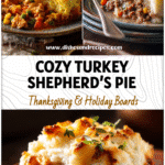 Golden baked Turkey Shepherd’s Pie topped with mashed potatoes and herbs on a rustic dinner plate.